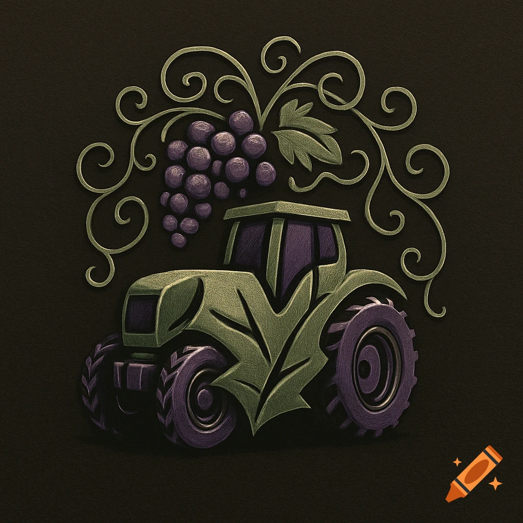 A stylized logomark featuring a green tractor with purple accents, surrounded by purple grapes and green vines on a dark background.