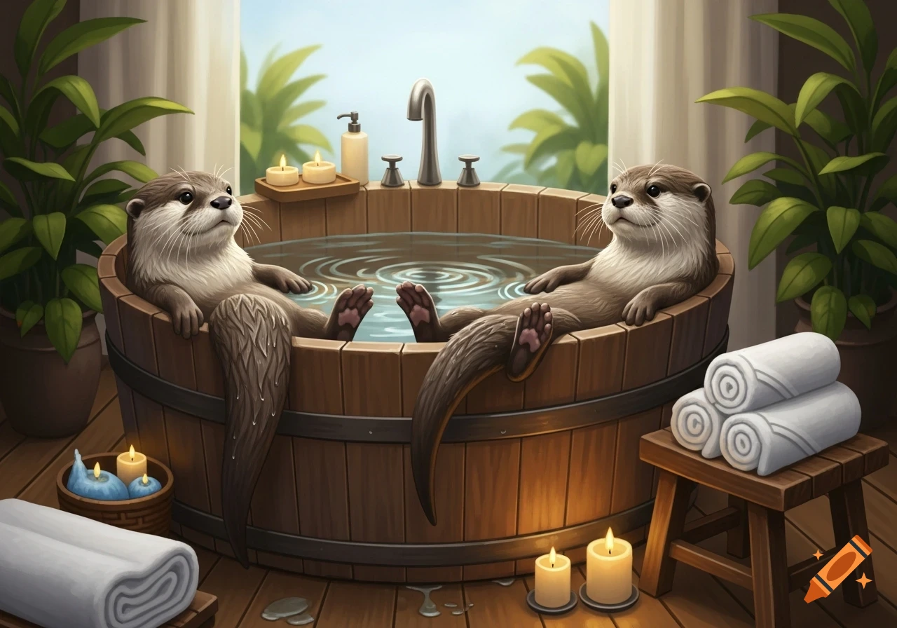 Two cute otters relax in a wooden hot tub with plants, candles, and rolled towels in a bright spa setting.