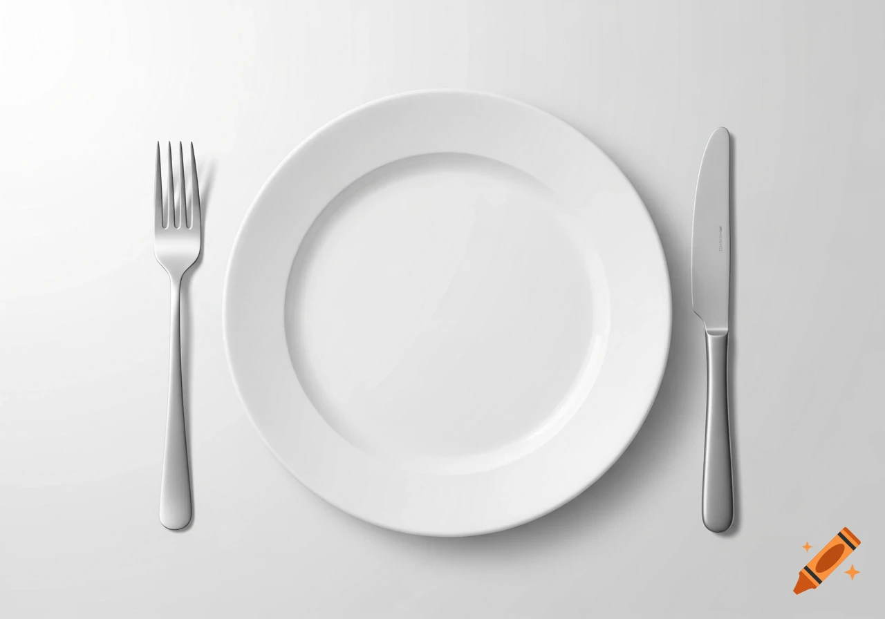 A simple overhead view of a white dinner plate, with a silver fork on the left and a silver knife on the right, on a light grey surface.