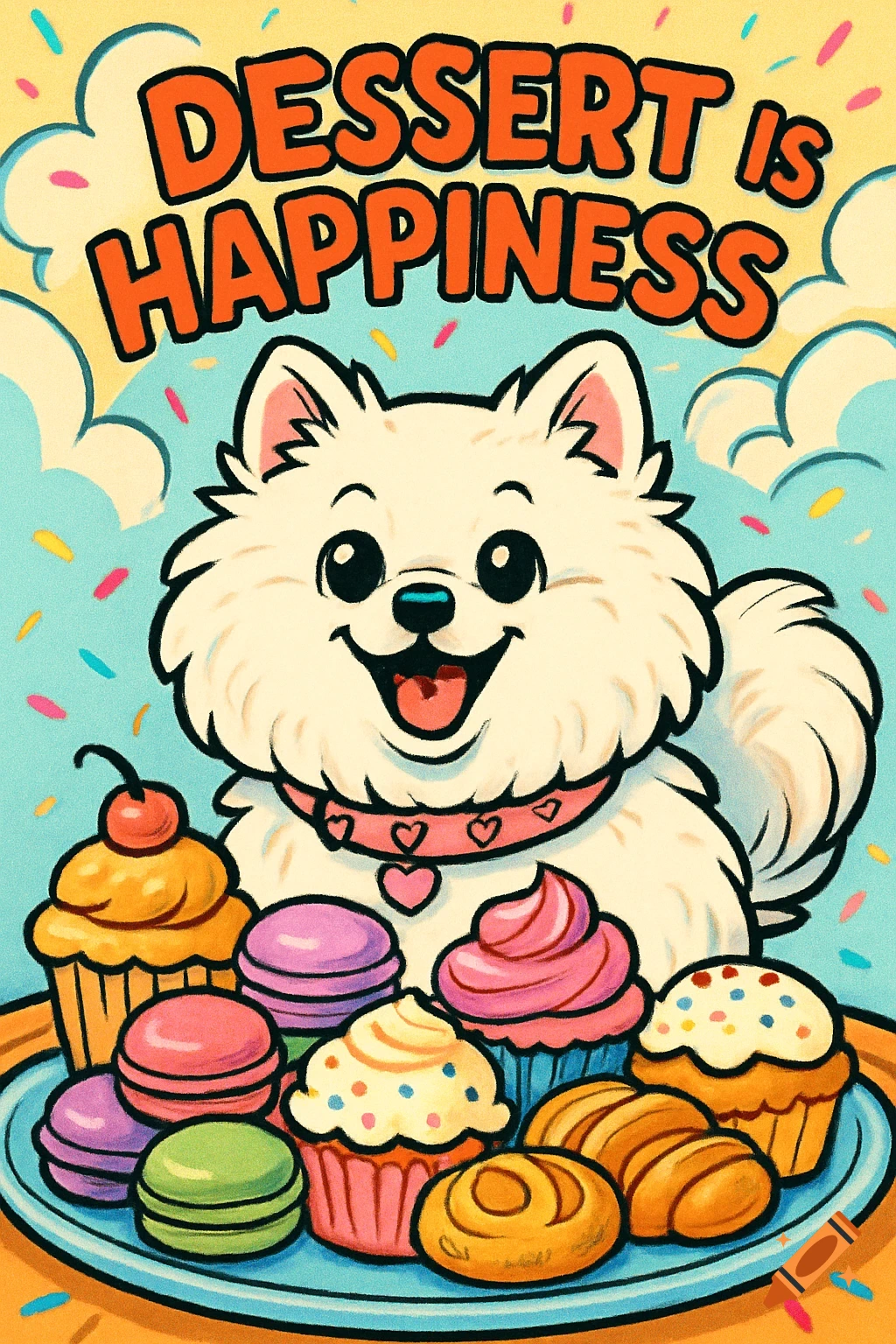 A smiling white Pomeranian dog in a pink collar surrounded by colorful cupcakes and macarons, with the text 'Dessert is Happiness' above, in a vibrant comic art style.