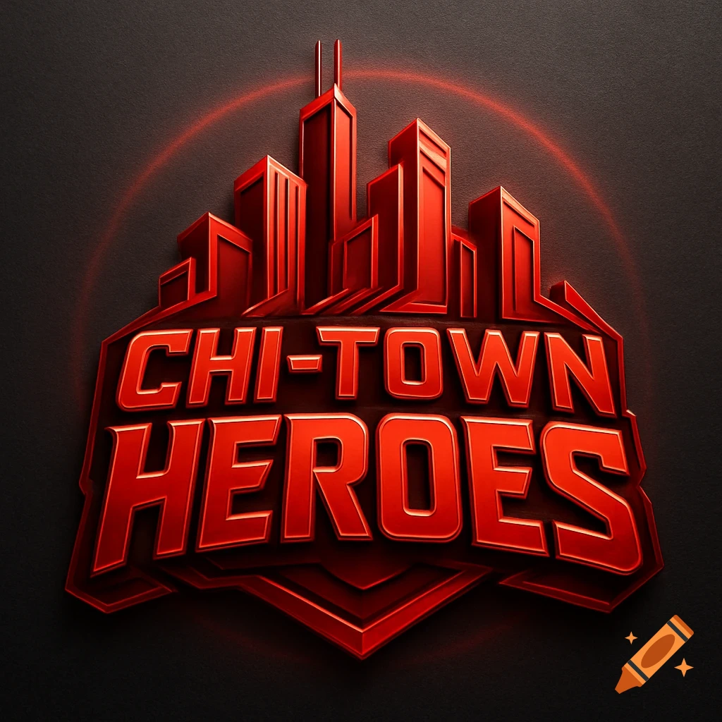 Red 3D logo for 'Chi-Town Heroes' featuring a stylized city skyline, on a dark textured background.