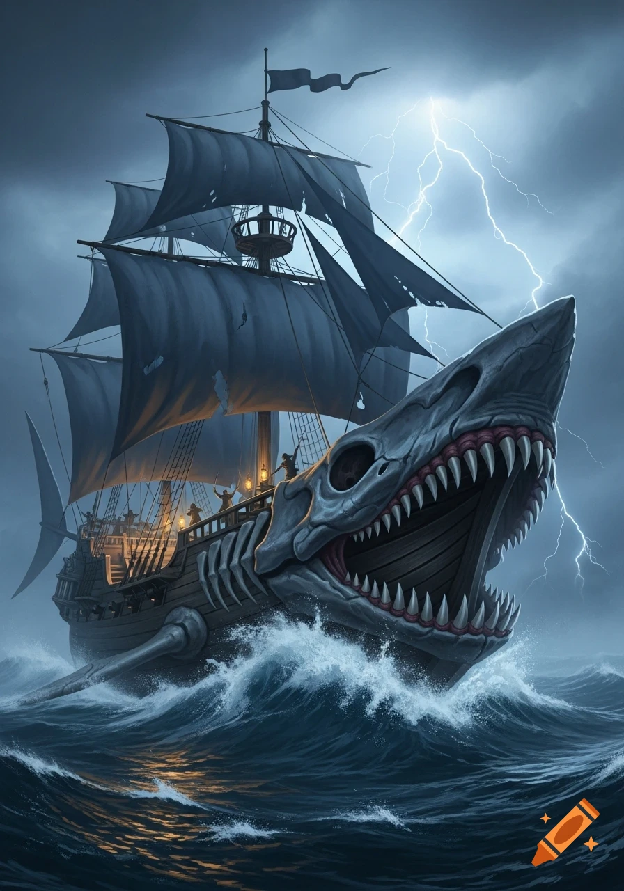 An illustrative fantasy pirate ship crafted from a giant shark skeleton, sailing through a stormy, lightning-filled sea.
