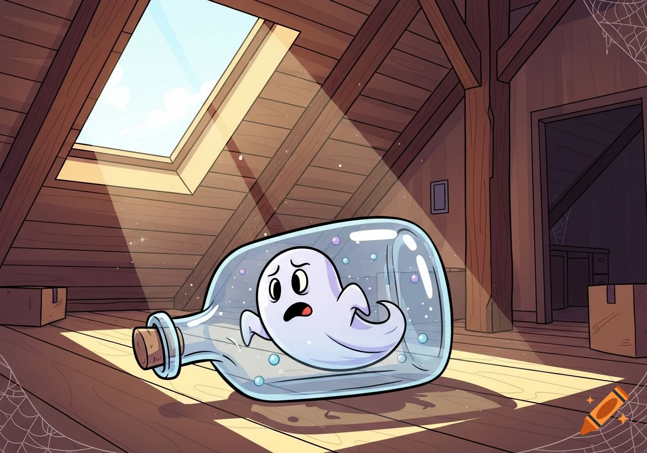 A cartoon ghost with a worried expression trapped inside a glass bottle, lying on the dusty wooden floor of a sunlit attic.