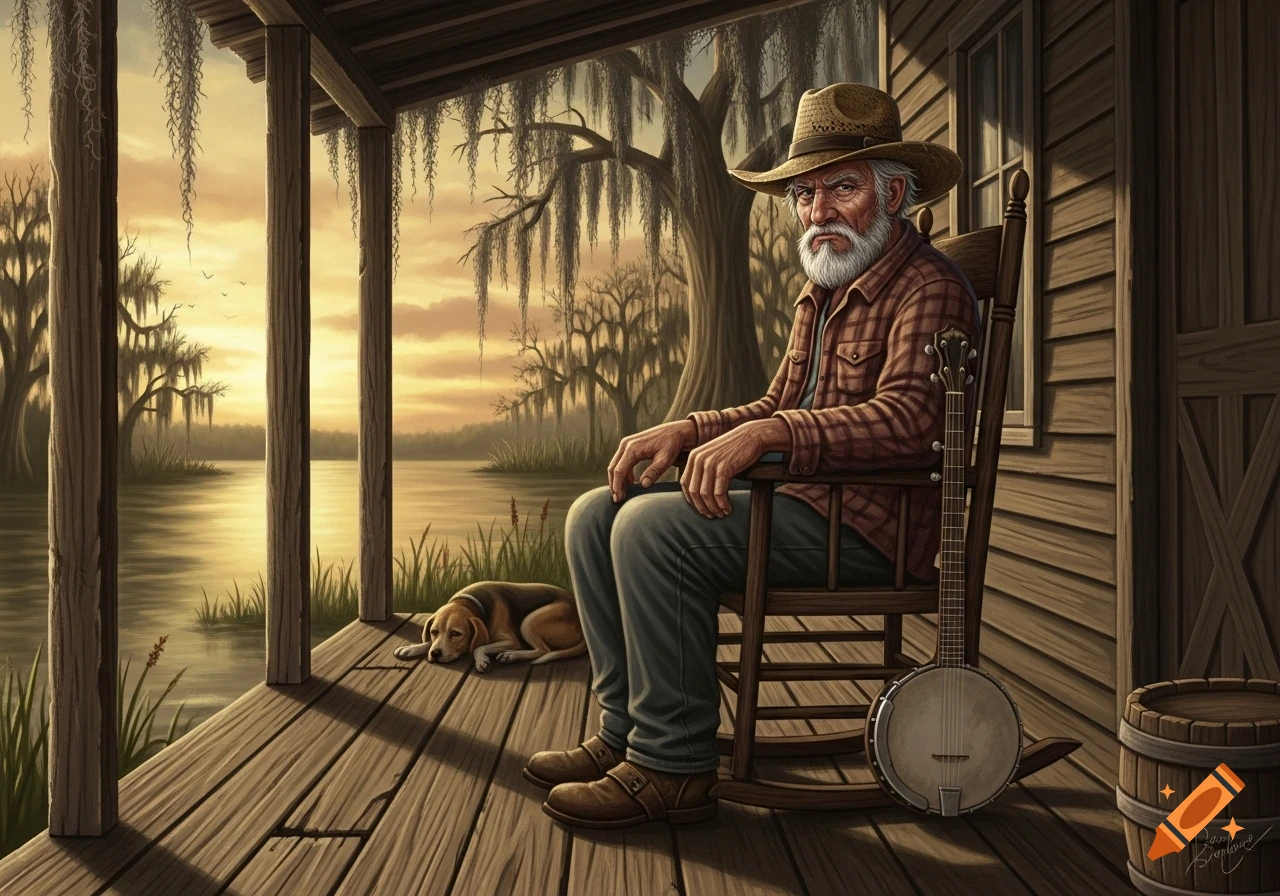 An old man with a white beard and straw hat sits on a cabin porch with his dog, overlooking a swamp at sunset, with a banjo.