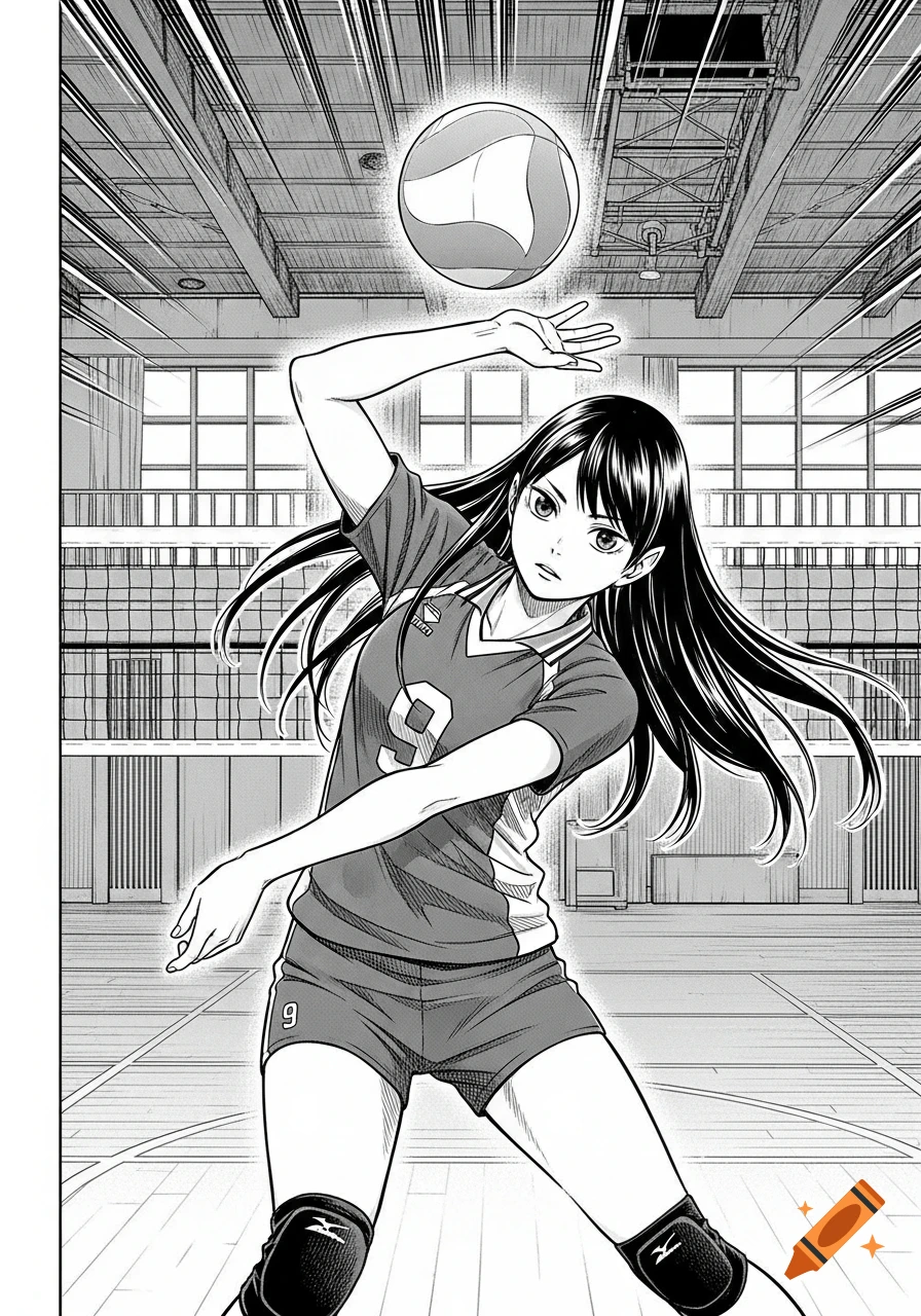 A manga-style girl with long black hair in a number 9 volleyball jersey and shorts, poised to hit a ball in a gym.