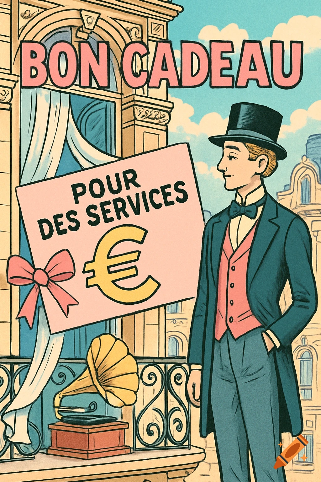 A man in a top hat and period suit stands next to a building with a sign advertising "BON CADEAU POUR DES SERVICES" and a Euro symbol, in a vintage comic art style.