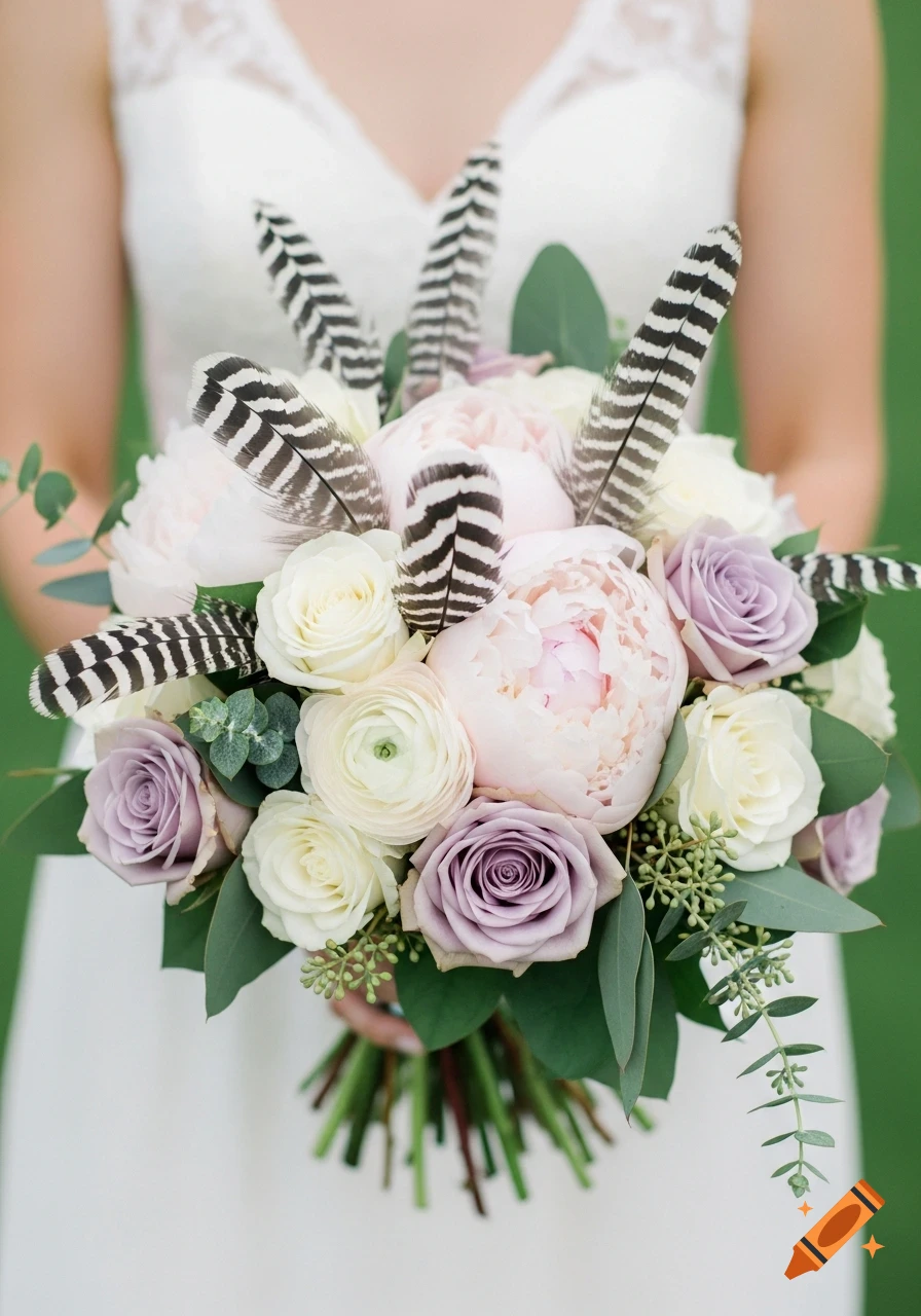 Photorealistic wedding bouquet with white, lilac, and pink roses, peonies, and ranunculus, accented with striped feathers and eucalyptus, held by a person in a white dress.