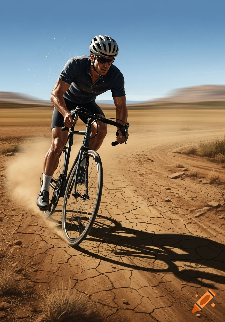 A man in cycling gear rides a road bike on a cracked dirt road in a desert under a clear blue sky, kicking up dust.