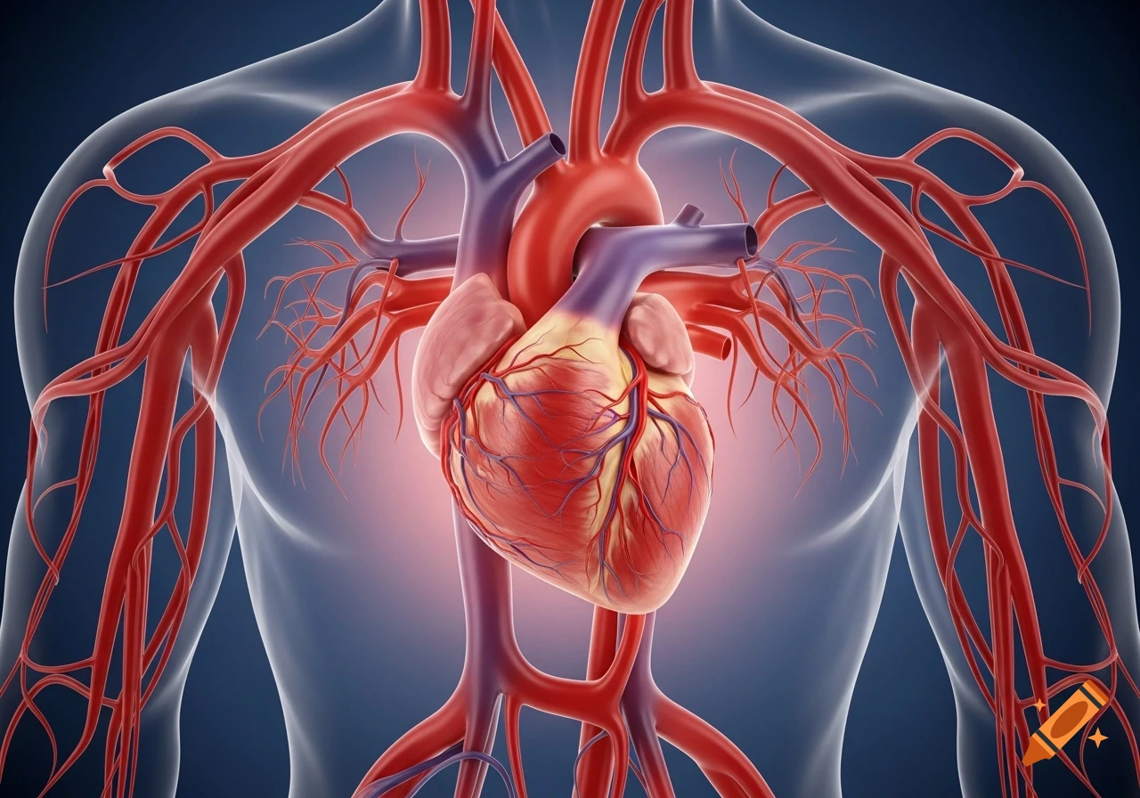 Detailed 3D rendering of the human heart and major blood vessels within a translucent torso outline.