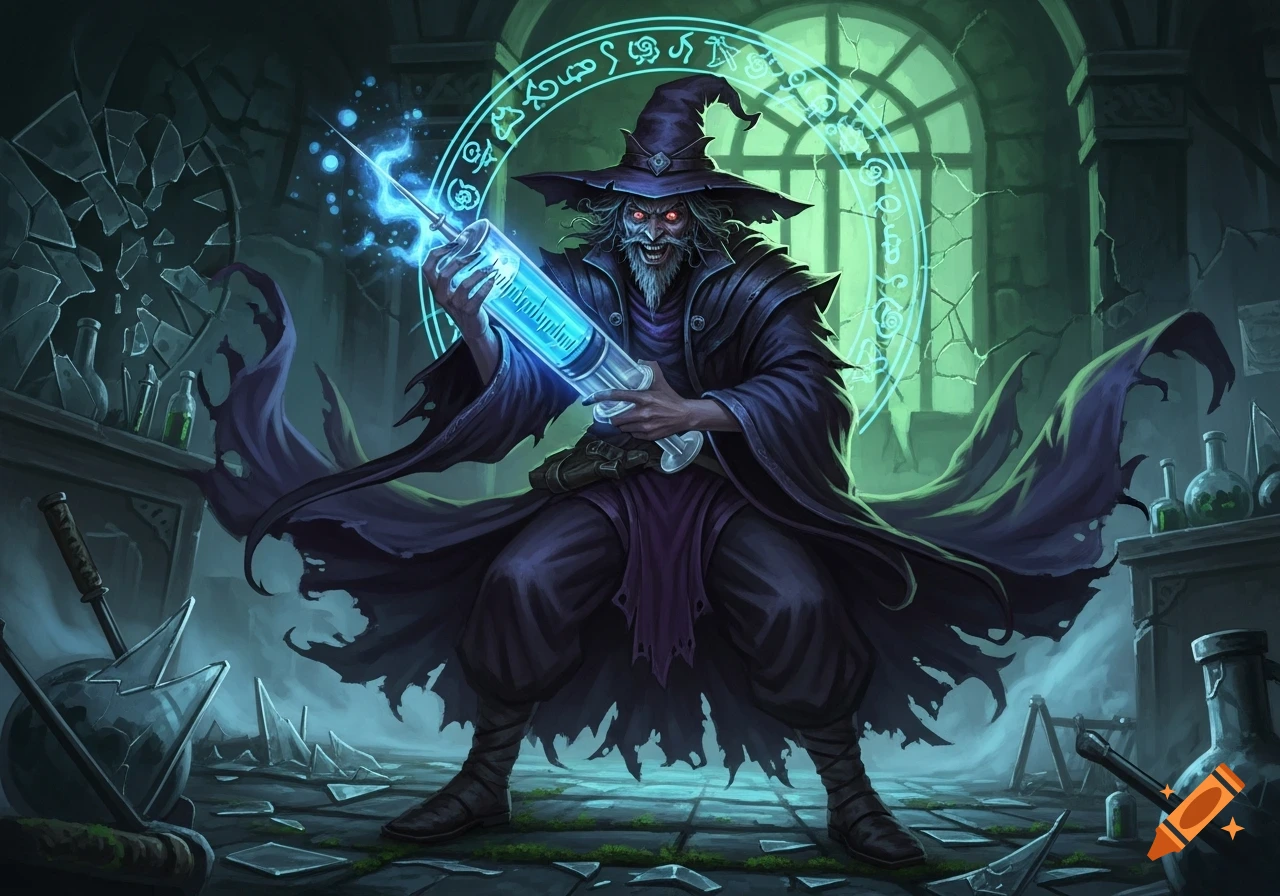 A menacing wizard with glowing red eyes holds a large glowing blue syringe in a dark, broken laboratory filled with mystical symbols.