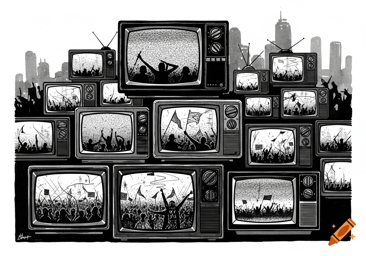 Black and white ink illustration of a wall of vintage televisions displaying stylized protest scenes with a city skyline in the background.