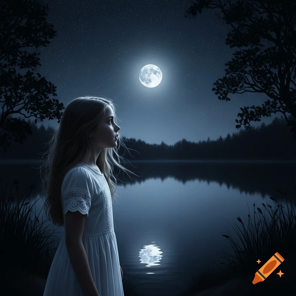 A young girl in a white dress stands by a dark lake, looking up at a ...