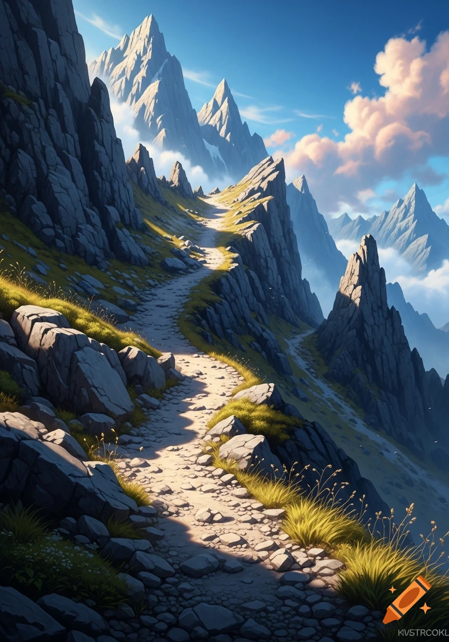 A winding stone path ascends a rugged mountain range under a bright blue sky with fluffy clouds.