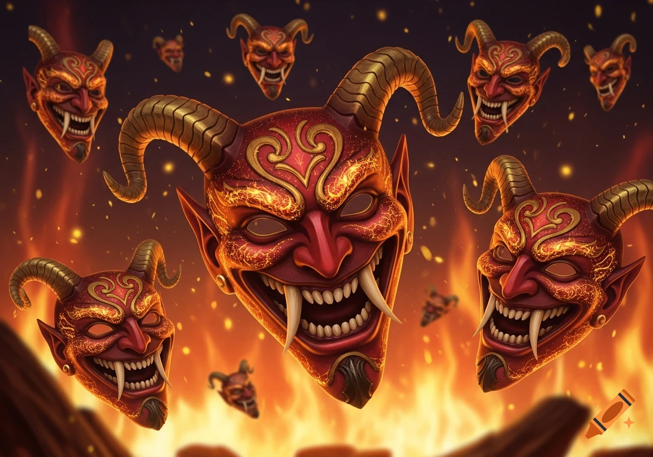 Multiple ornate red and gold devil masks with horns and fangs float above a fiery inferno.