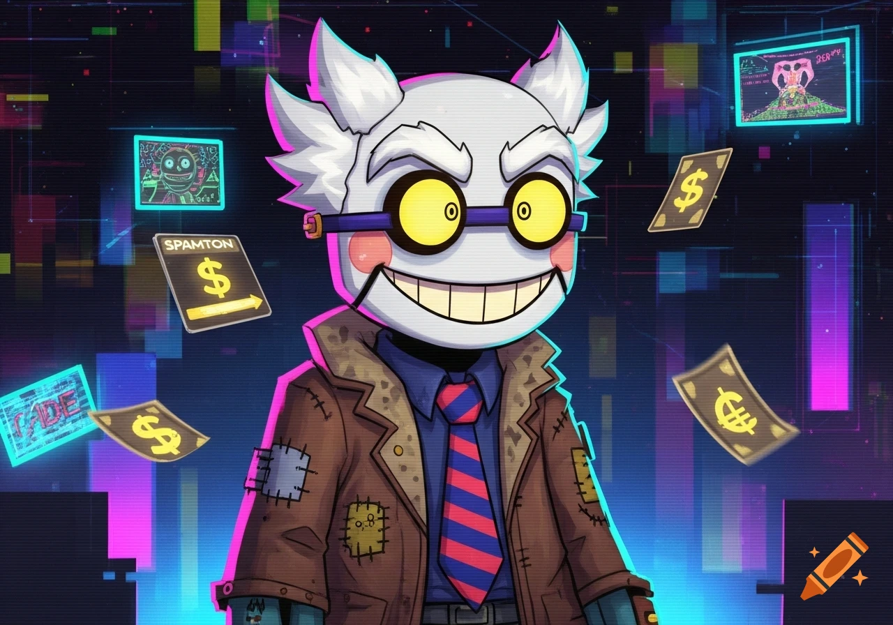 A stylized white-faced character with yellow eyes and a wide grin, wearing a patched brown coat, stands in a glitchy digital background with floating money symbols.