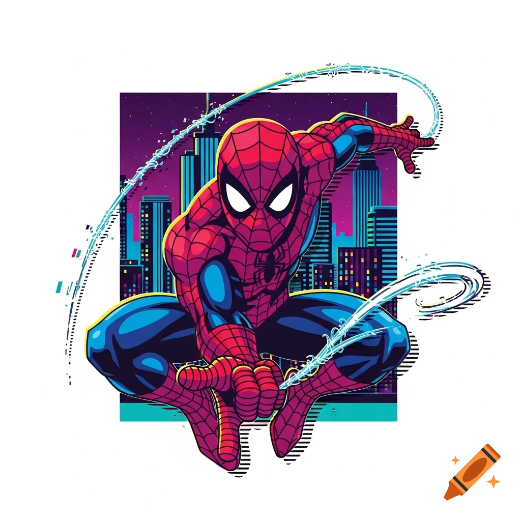 Stylized illustration of Spider-Man crouching, ready to launch webs, with a retro 90s city skyline in the background.