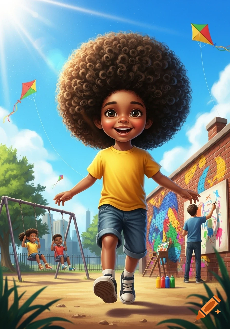 A smiling cartoon child with a large afro runs in a sunny playground, with other kids on swings and painting a mural, kites fly overhead.