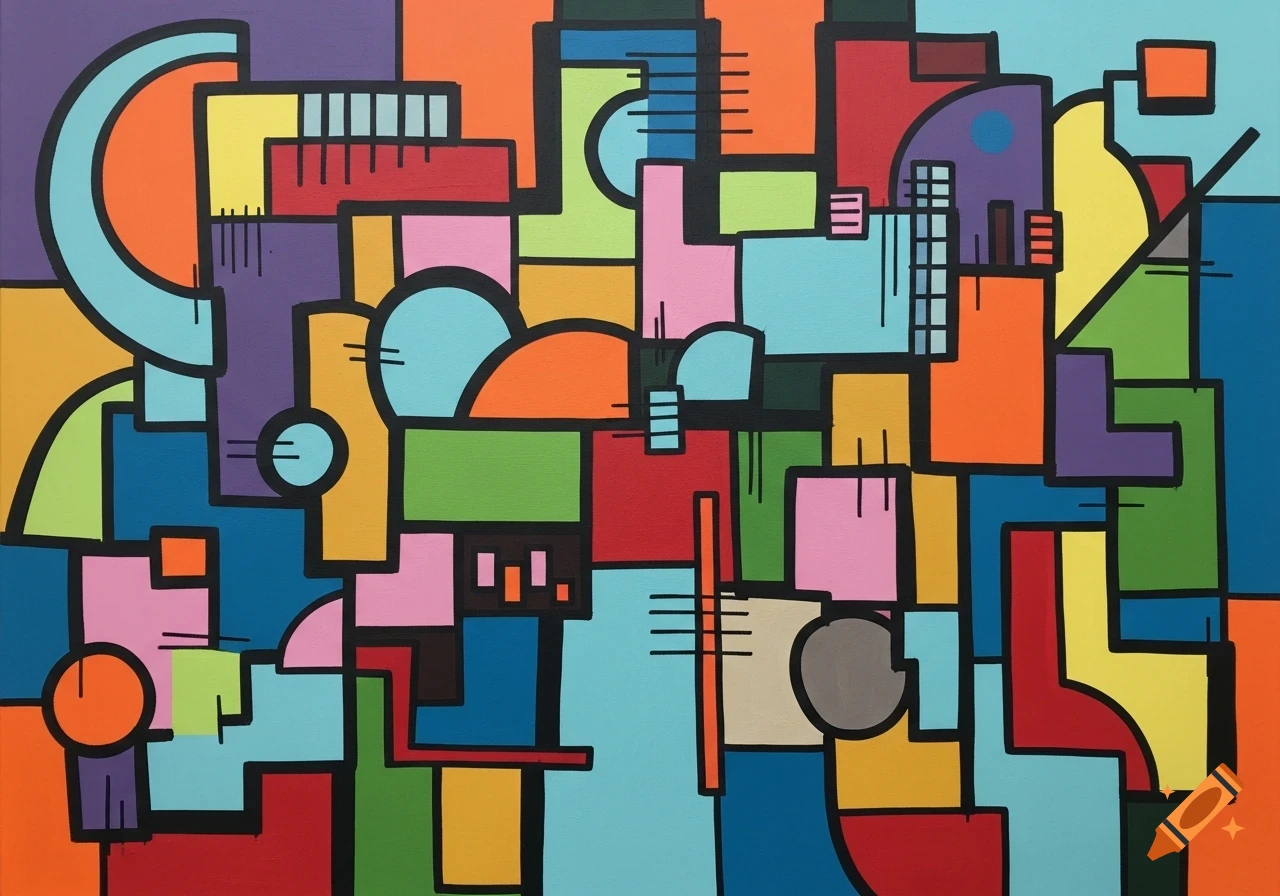 Vibrant abstract painting with interconnected geometric and organic shapes in bold, saturated colors outlined in black.