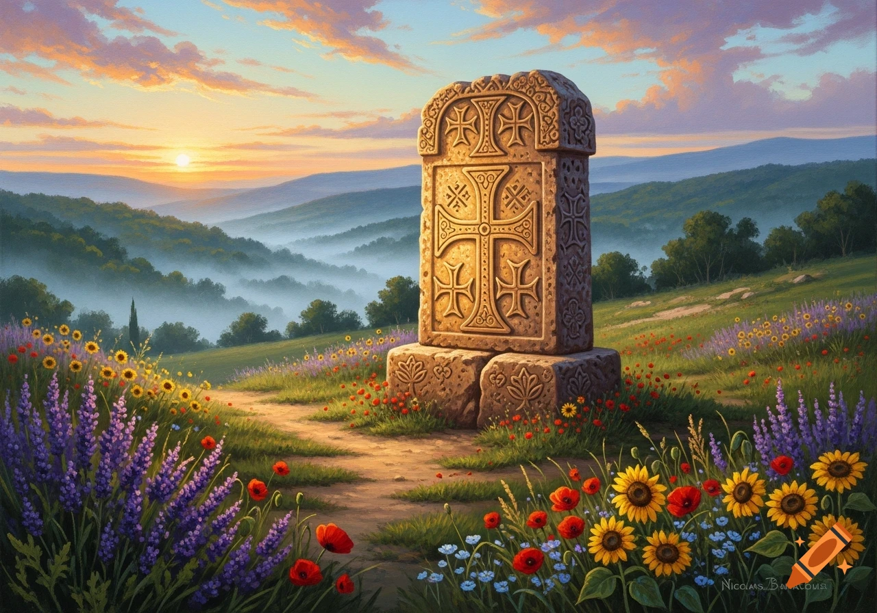 Ornate stone monument with crosses on a flower-covered hill at sunset, overlooking misty mountains in an oil painting style.