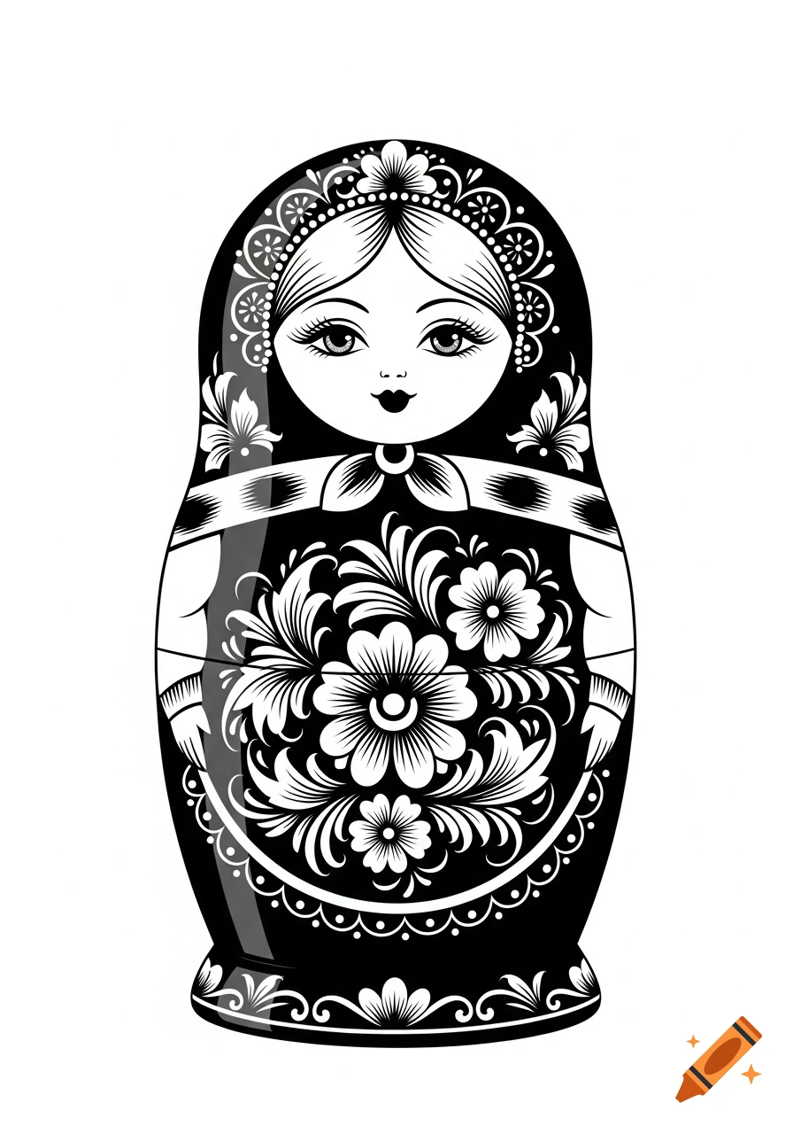 Black and white illustration of a Matryoshka doll with intricate floral patterns.
