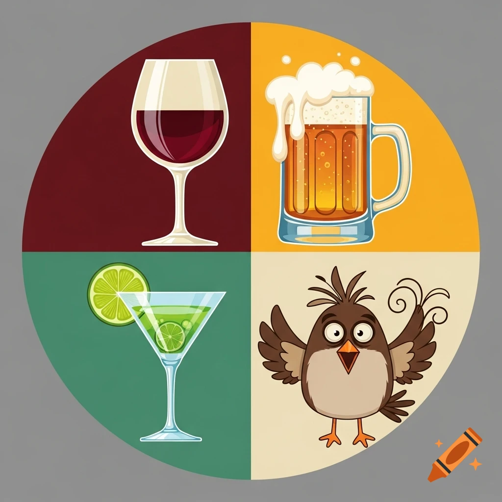 A four-part circle illustration showing a red wine glass, a frothy beer mug, a green cocktail with a lime slice, and a wide-eyed brown cartoon bird.