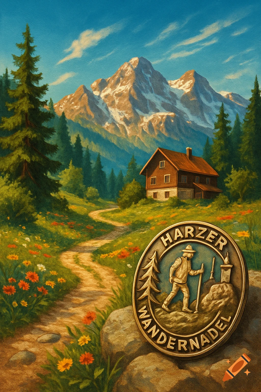 Vibrant painting of a mountain landscape with a winding path, a cabin, wildflowers, and a large "Harzer Wandernadel" medal.
