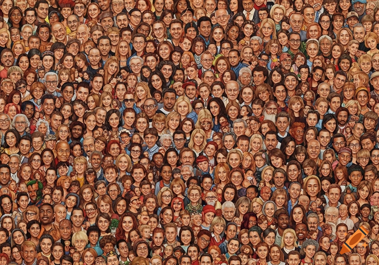 A dense illustration of countless diverse faces, packed tightly together in a crowd.