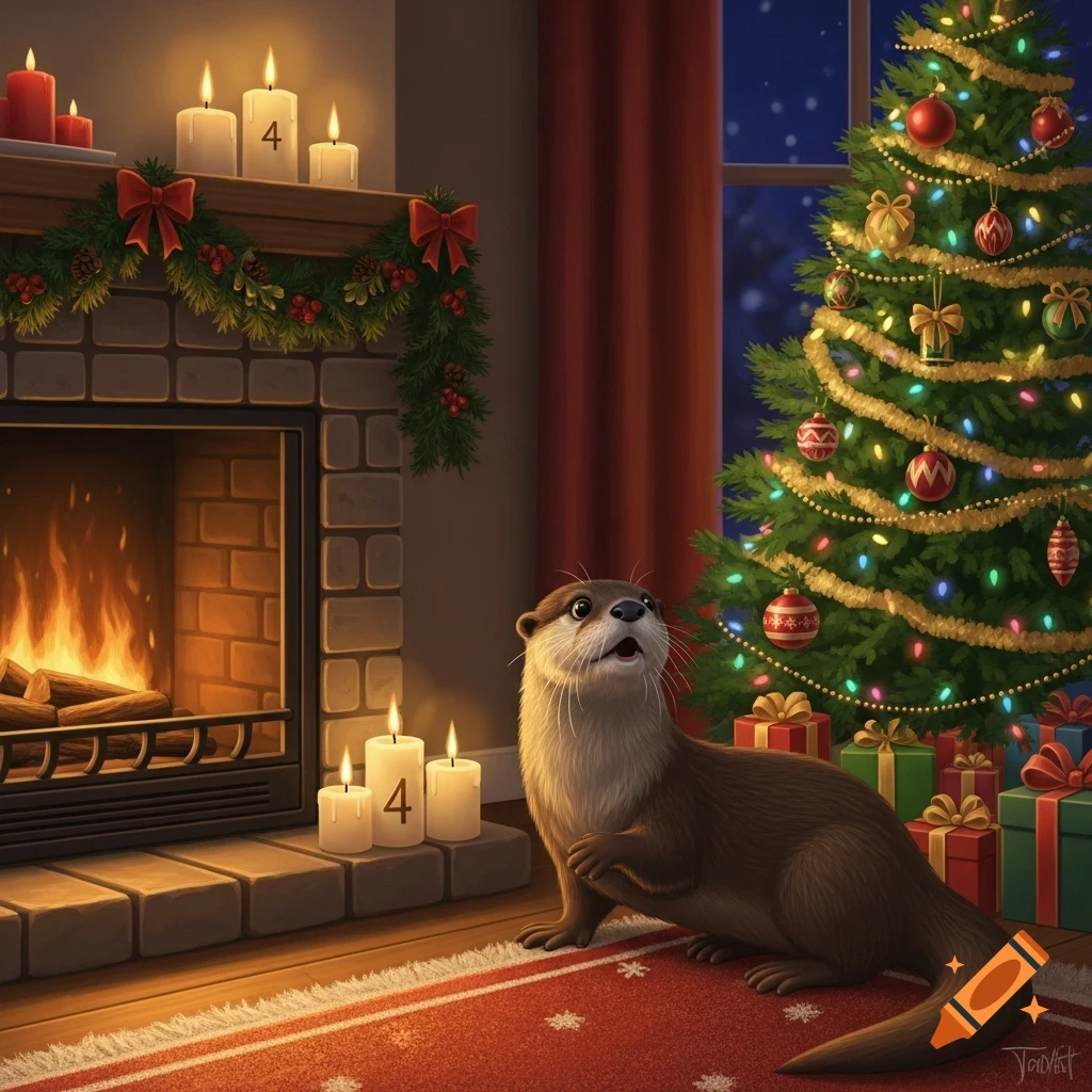 A stylized otter sits on a red rug by a cozy fireplace with burning logs and festive garland, watching a decorated Christmas tree glowing at night. Advent candles show the number 4.