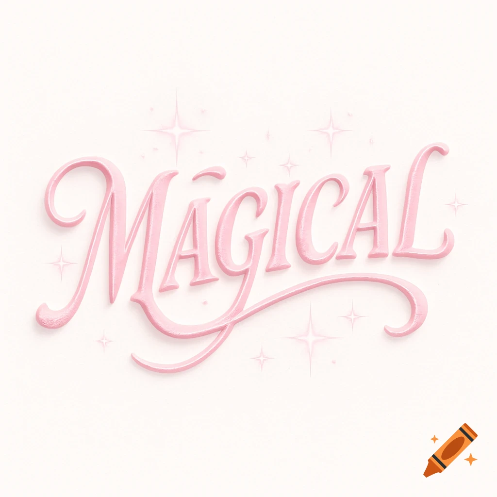 Pink script word 'Magical' with a subtle 3D effect and sparkling light background on white.