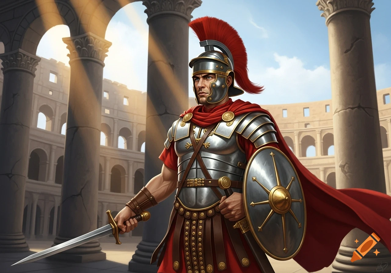 A Roman centurion in full armor with a red cape stands with a sword and shield in front of ancient columns and the Colosseum.
