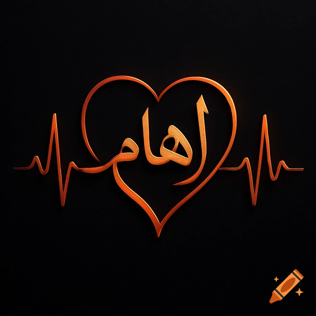 Orange glowing Arabic calligraphy for 'Ilham' within a heart-shaped outline and an ECG heartbeat line on a black background.