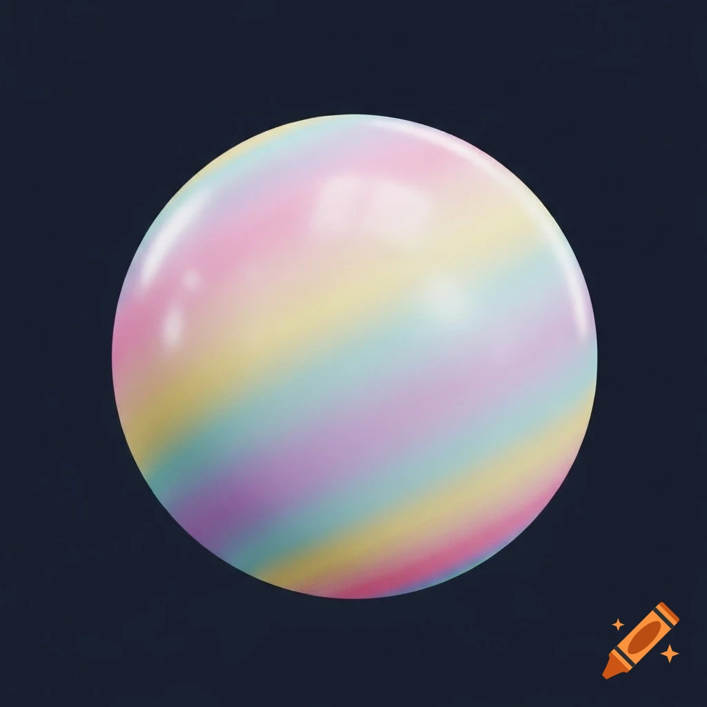 A perfectly centered, smooth, glossy sphere with soft pastel rainbow stripes against a dark background.
