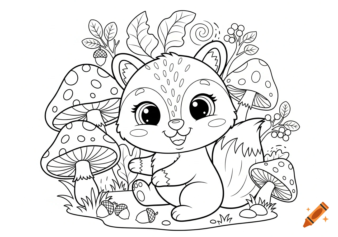 Black and white line art coloring page of a cute cartoon squirrel-like animal sitting among mushrooms and leaves.