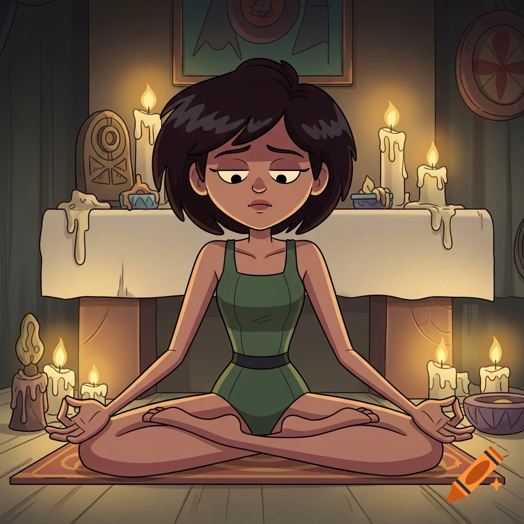 Marcy Wu in Amphibia art style, meditating in a dark green swimsuit at a candlelit altar.