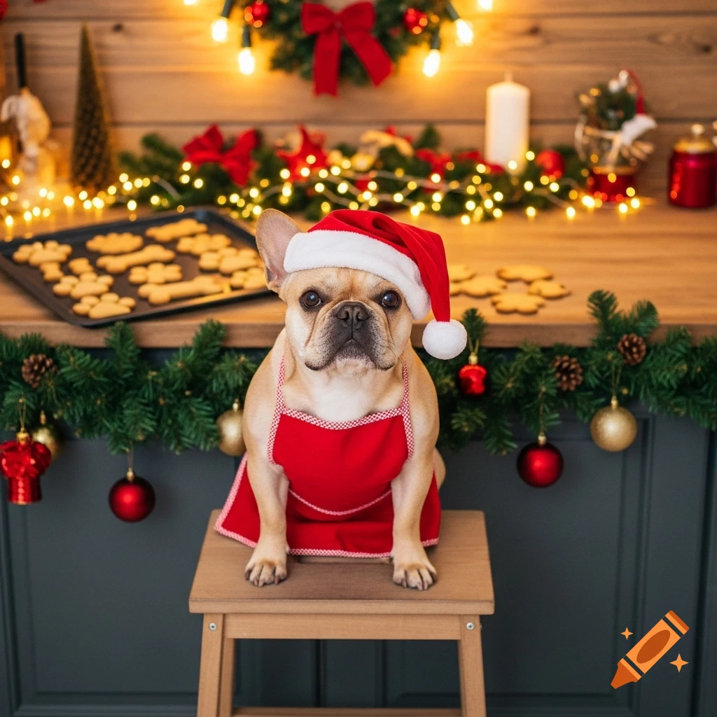A beige French bulldog in a Santa hat and red apron sits on a stool in a Christmas kitchen with dog cookies.