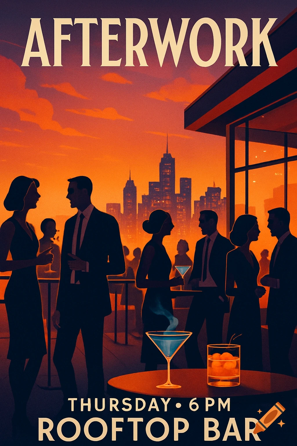 Retro-style poster advertising an 'Afterwork' rooftop bar event at sunset, with silhouetted people and a city skyline.