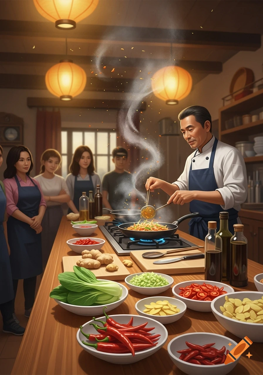 An Asian chef stir-frying in a kitchen during a cooking class, with students watching and ingredients laid out on the counter. Photorealistic.