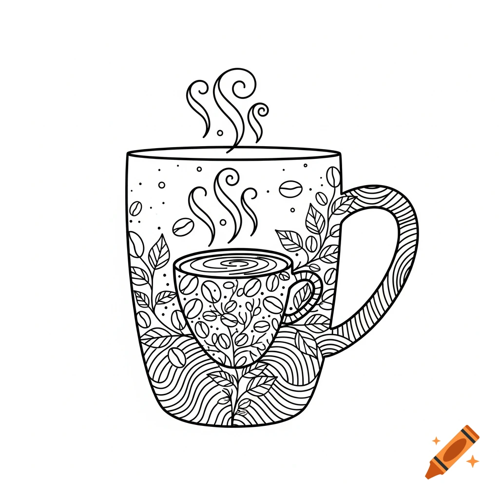 Black and white line art illustration of a coffee mug with a smaller steaming cup inside, surrounded by coffee beans and leaf patterns.
