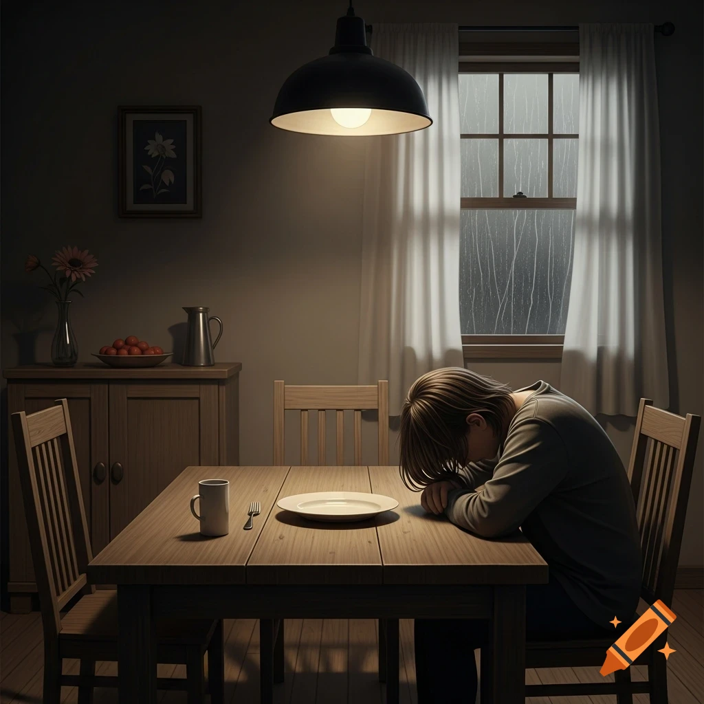 A person with their head down on a table in a dimly lit dining room, with an empty plate, as rain falls outside the window.
