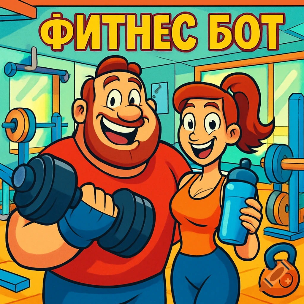 A cheerful cartoon man and woman in a gym. The man holds a dumbbell, and the woman holds a water bottle. Text "ФИТНЕС БОТ" is above them.