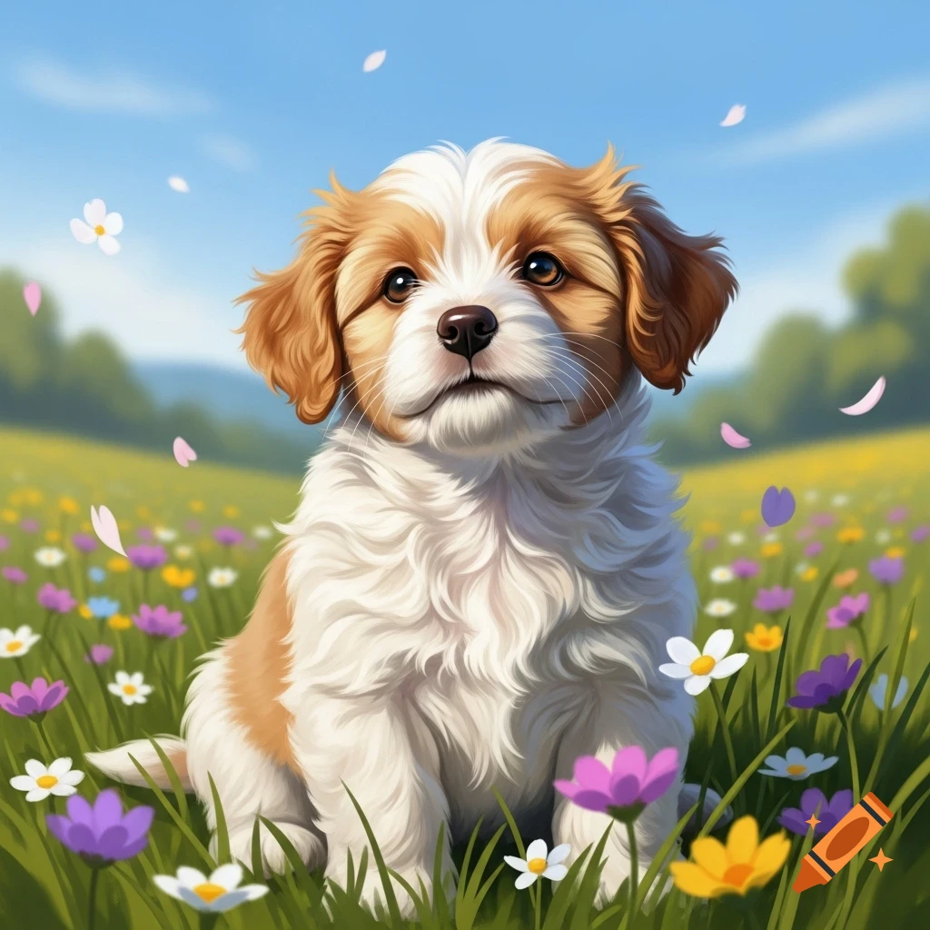 A fluffy brown and white puppy sits in a sunny green field filled with colorful flowers under a blue sky.