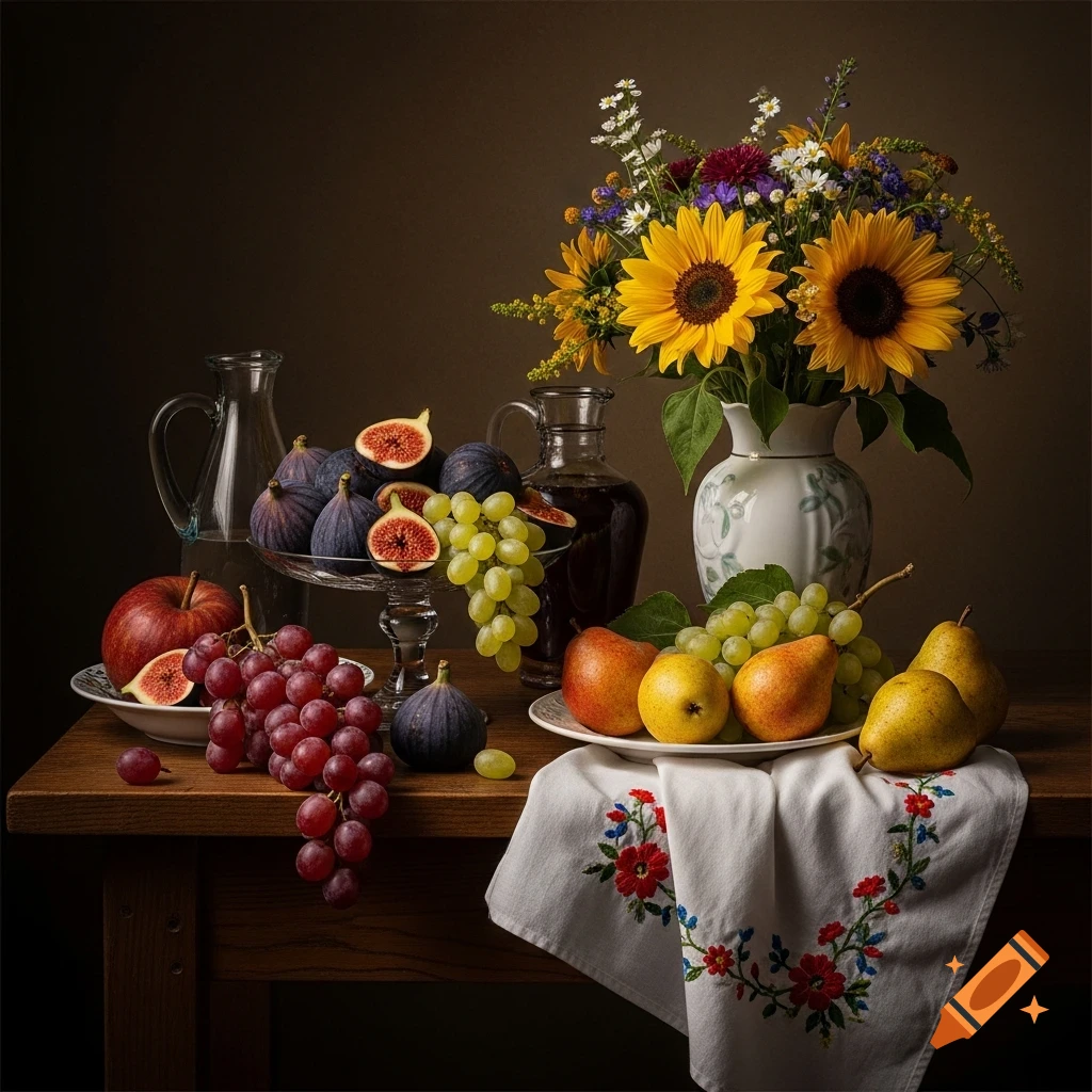 Photorealistic still life with sunflowers, wildflowers, grapes, figs, apples, and pears on a wooden table with an embroidered cloth.