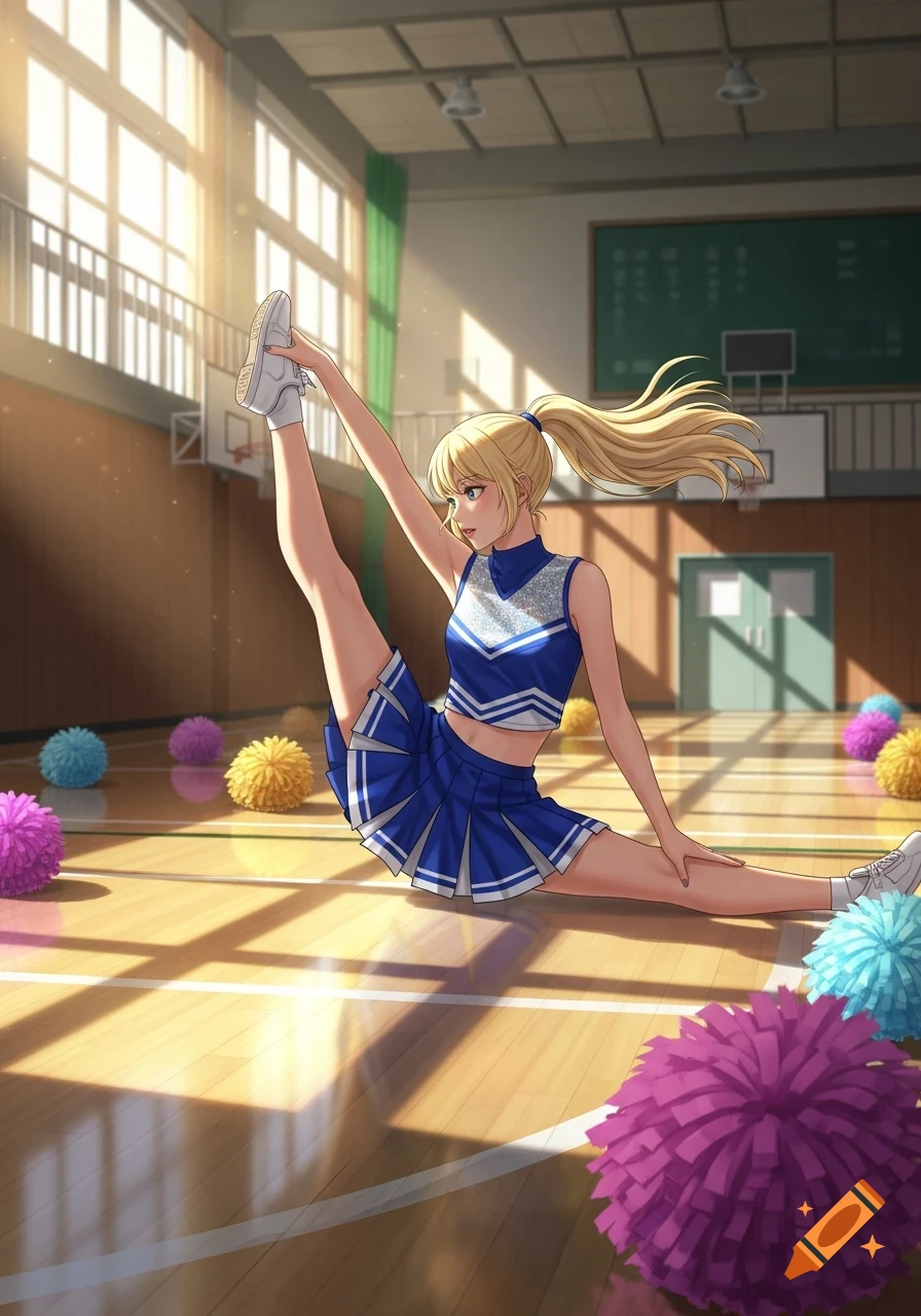 Blonde anime girl in a blue cheerleader outfit doing the splits on a gym floor with colorful pom-poms.