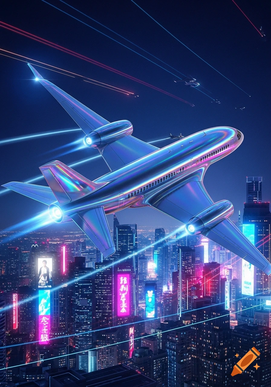 A sleek, iridescent airplane flies over a neon-lit futuristic city at night, with light trails crossing the dark sky.