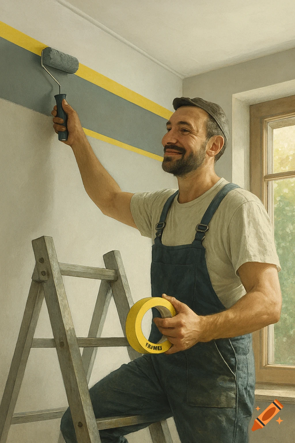 A smiling man in overalls paints a grey stripe on a wall with a roller, holding a roll of yellow masking tape.