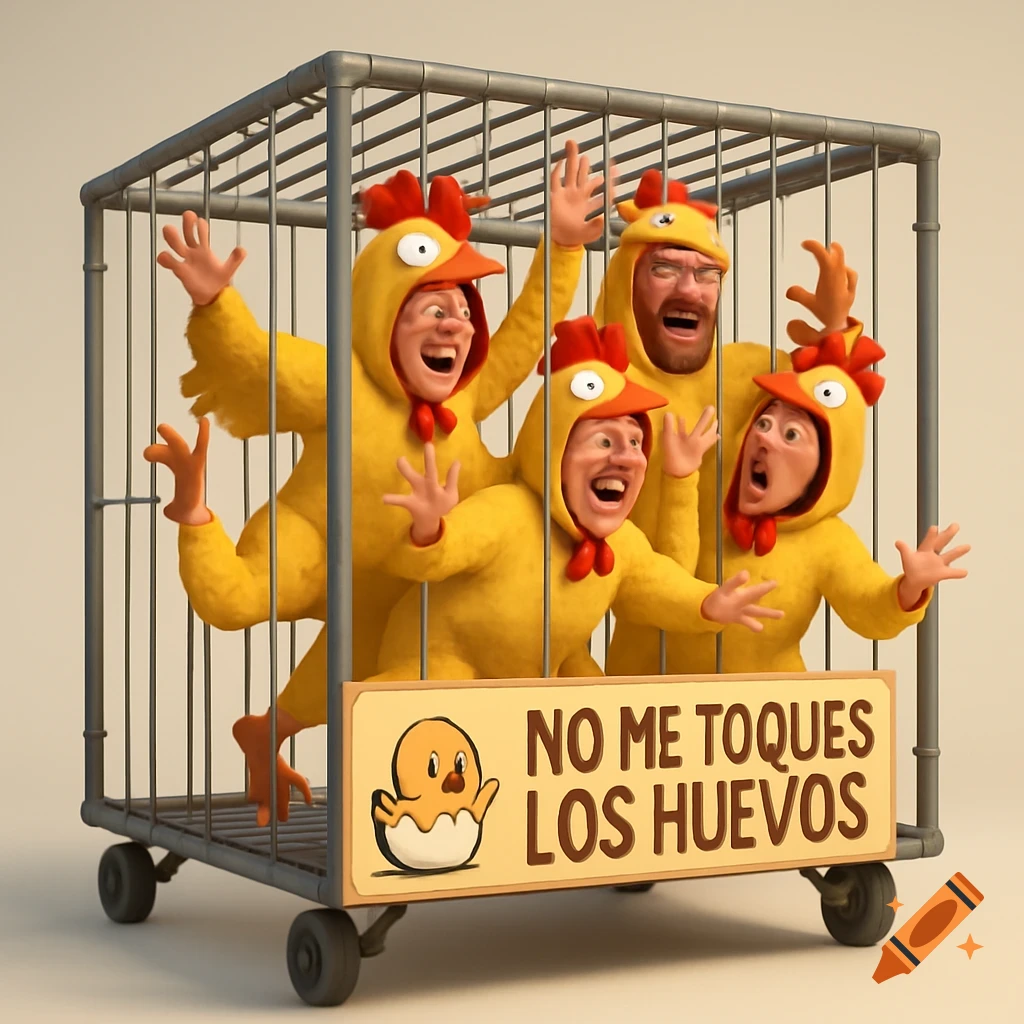 Four exaggerated cartoon people in chicken costumes are squeezed inside a cage with a sign "NO ME TOQUES LOS HUEVOS".