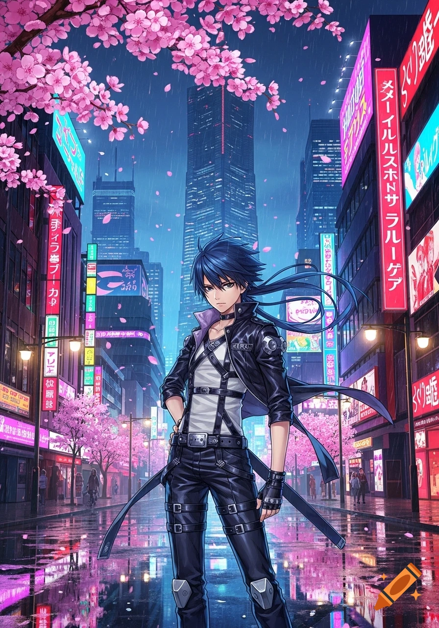 An anime male character stands on a rainy, neon-lit city street at night, with pink cherry blossoms overhead.