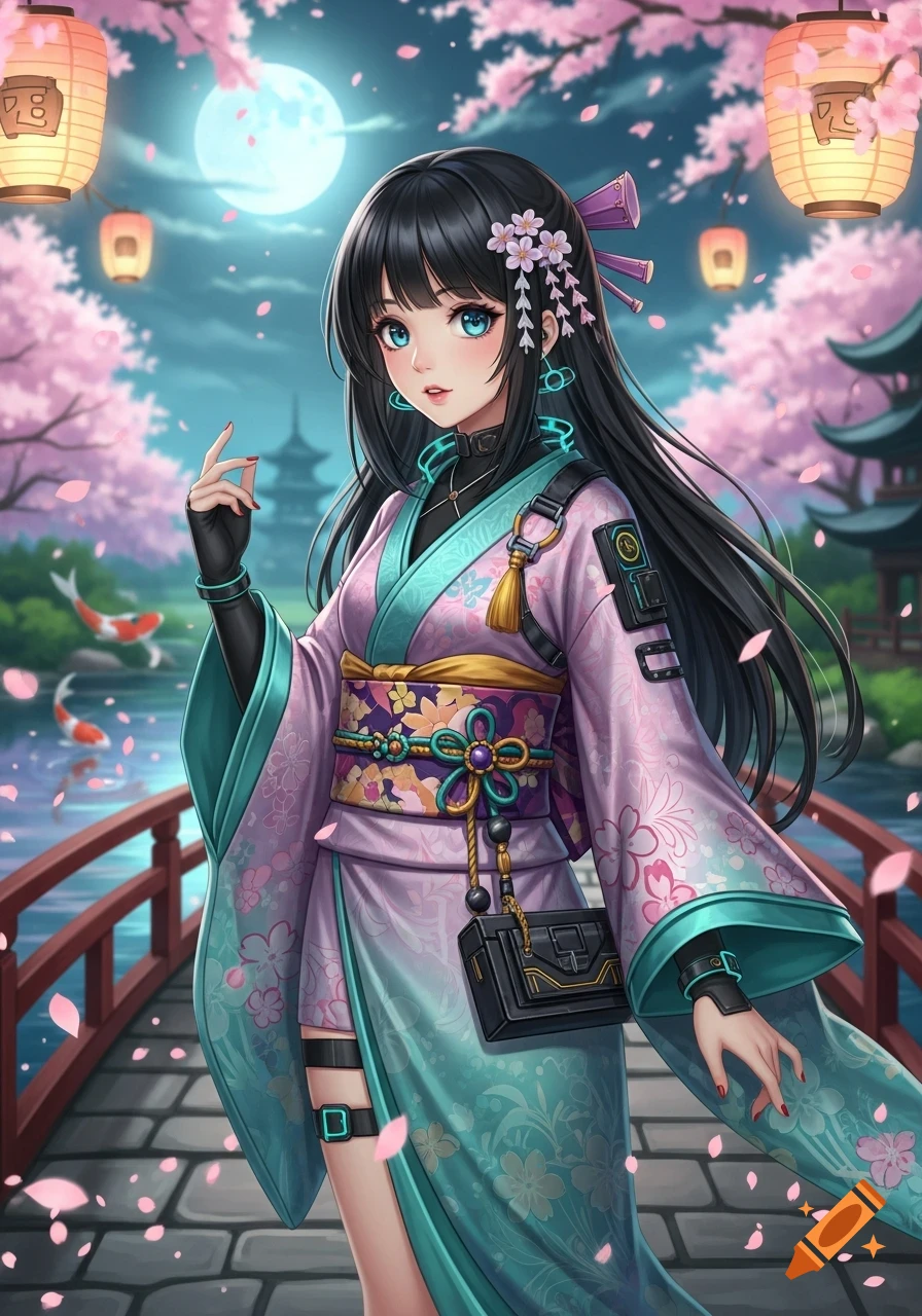 Anime girl in a vibrant kimono on a bridge at night under a full moon, with cherry blossoms and traditional Japanese lanterns.