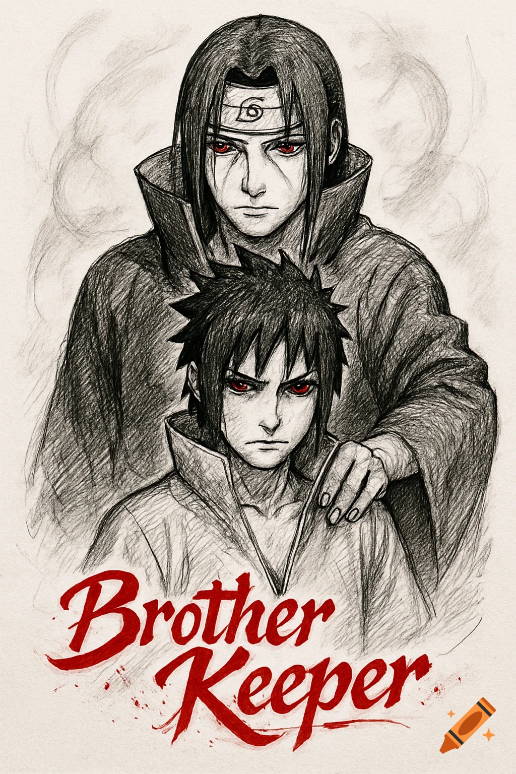 Black and white sketch of two anime characters, Itachi and Sasuke, with red eyes. The text 'Brother Keeper' is in red.
