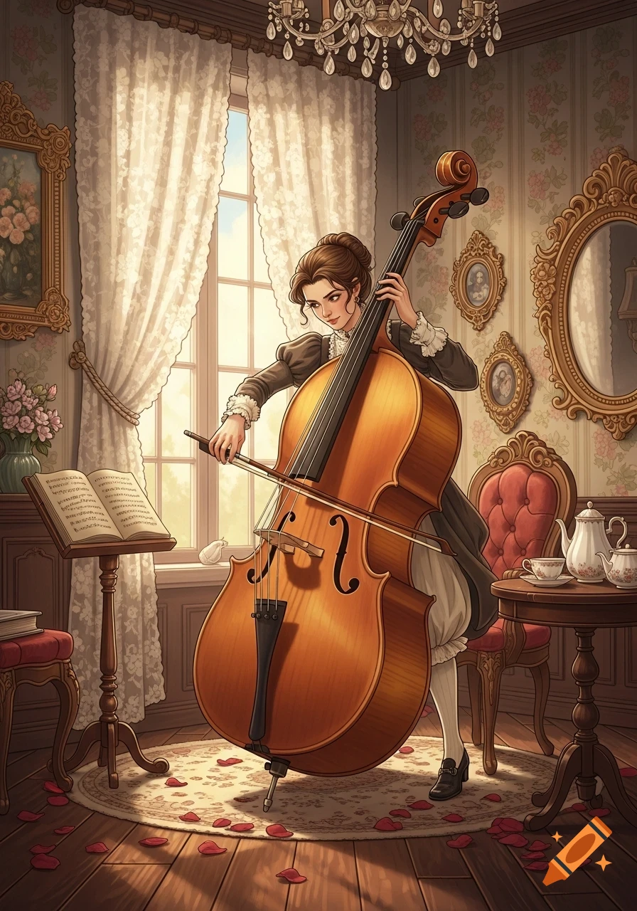 A woman in a classical dress plays an oversized cello in a lavish, antique-filled room with light streaming through a window.